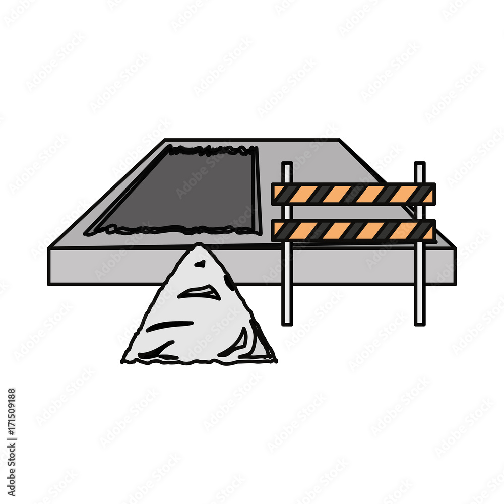 flat line colored trafic barrier and construction sand over white background vector illustration flat line colored trafic barrier and construction sand over white background vector illustration