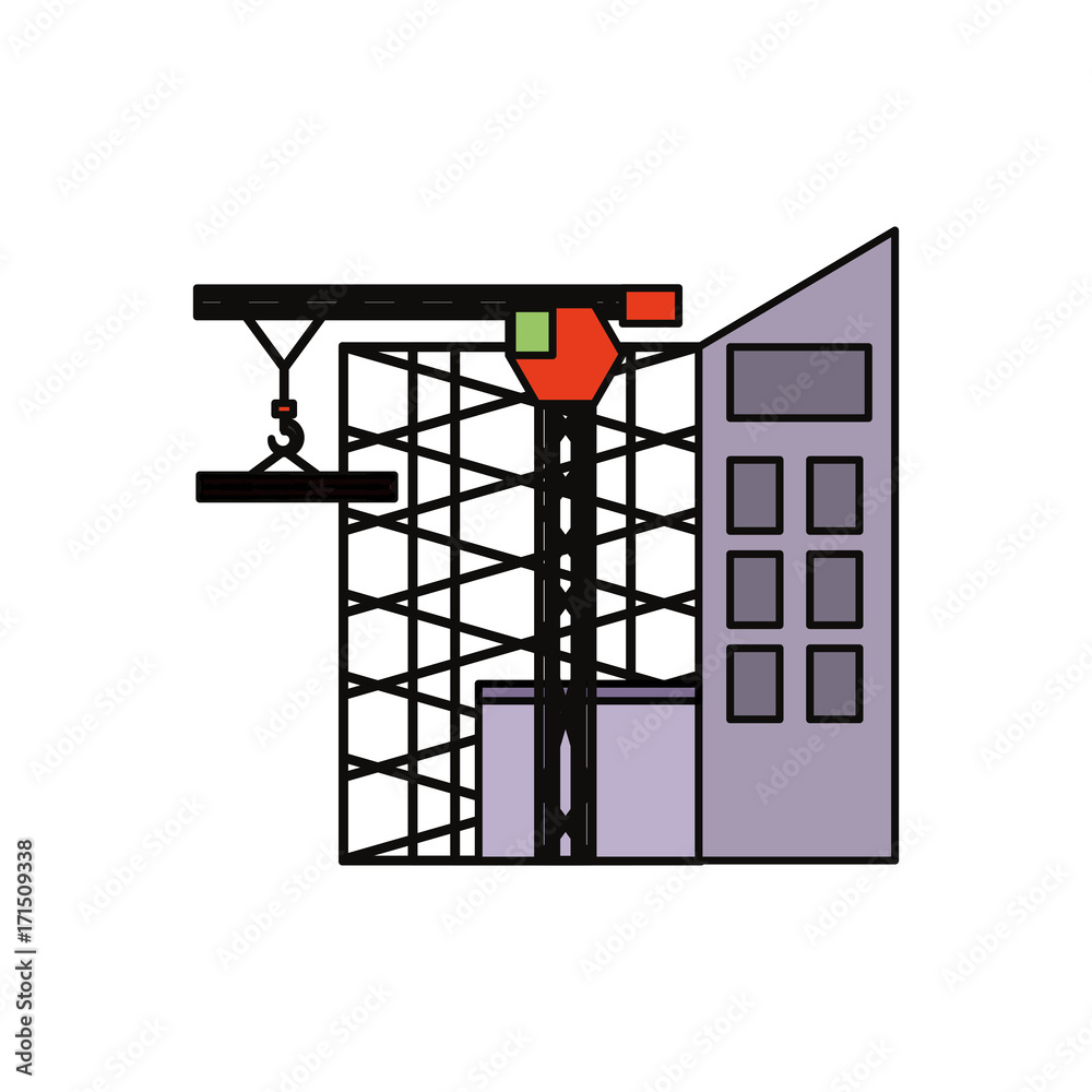 flat line colored scaffold and tower crane over white background vector illustration flat line colored scaffold and tower crane over white background vector illustration