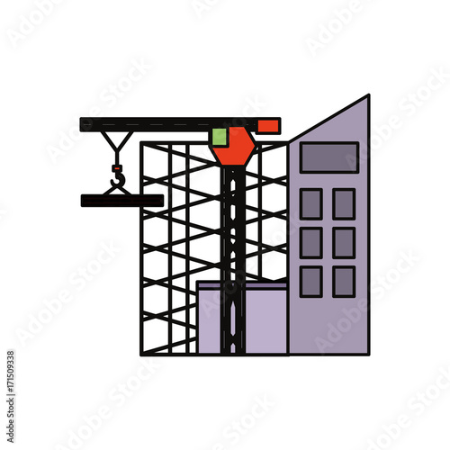 flat line colored  scaffold  and   tower  crane over  white  background  vector illustration