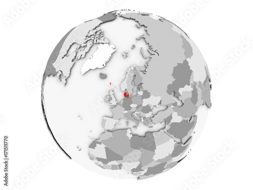 Denmark on grey globe isolated