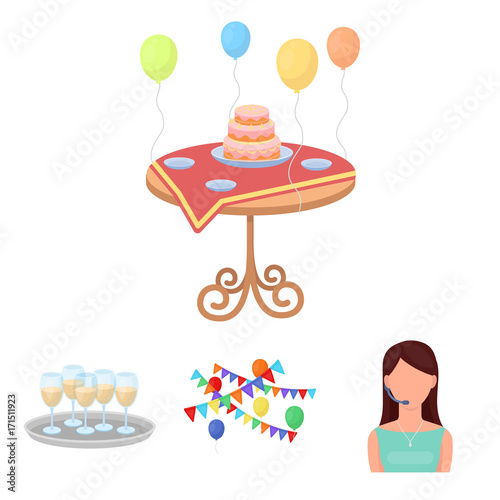 Garland with flags and balls, leading celebration with a microphone, a tray with glasses with champagne, a table covered with a tablecloth with plates, cake and balls. Event services set collection