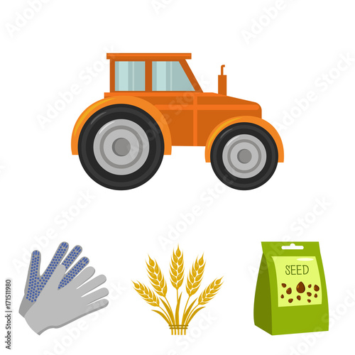 Spikelets of wheat, a packet of seeds, a tractor, gloves.Farm set collection icons in cartoon style vector symbol stock illustration web.