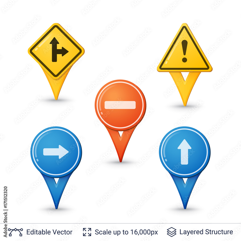 Road sign pins set. Road sign pins set.