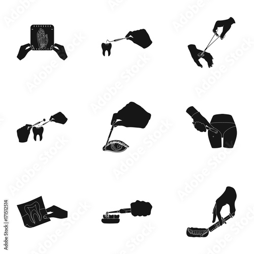 Anesthetic injection, examination of the tooth and other web icon in black style. wound treatment, vision check icons in set collection.