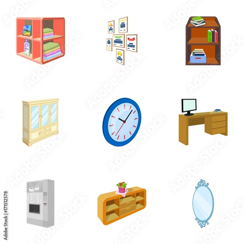 Coffee maker, sofa, mirror, table service in the restaurant and other web icon in cartoon style isometric. Interior and office furniture icons in set collection.