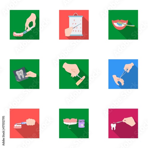 Anesthetic injection, examination of the tooth and other web icon in flat style. wound treatment, vision check icons in set collection.