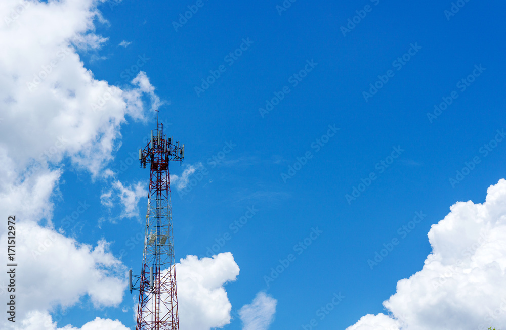telecommunication tower on blue sky and clouds with copy space