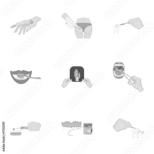 Anesthetic injection, examination of the tooth and other web icon in monochrome style. wound treatment, vision check icons in set collection.