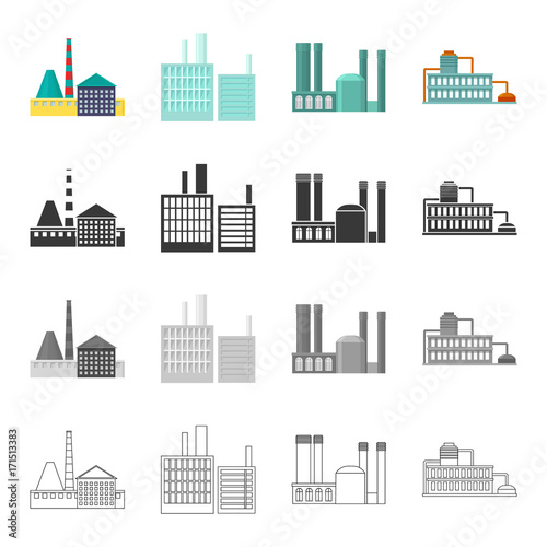 Processing plant, industrial production facilities. Plant and factory set collection icons in cartoon black monochrome outline style vector symbol stock illustration web.