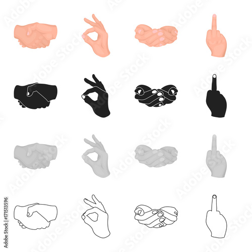 Handshake, gesture ok and others. Gestures set collection icons in cartoon black monochrome outline style vector symbol stock illustration web.