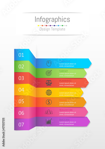 Infographic design elements for your business data with 7 options, parts, steps, timelines or processes, Sticky note paper concept. Vector Illustration.