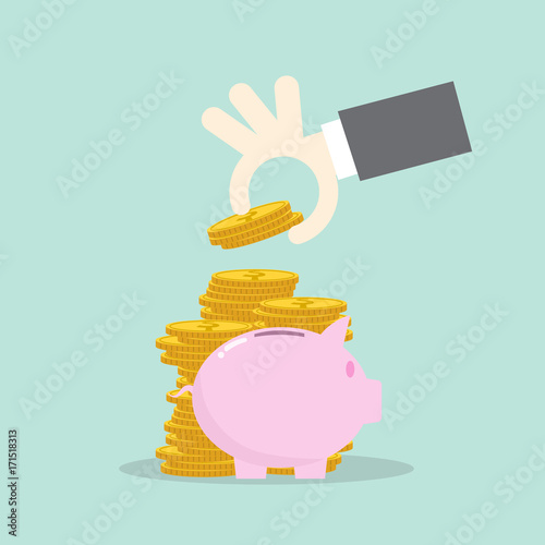 Flat design concepts for business,hand put coin on piggy, investing saving concept,