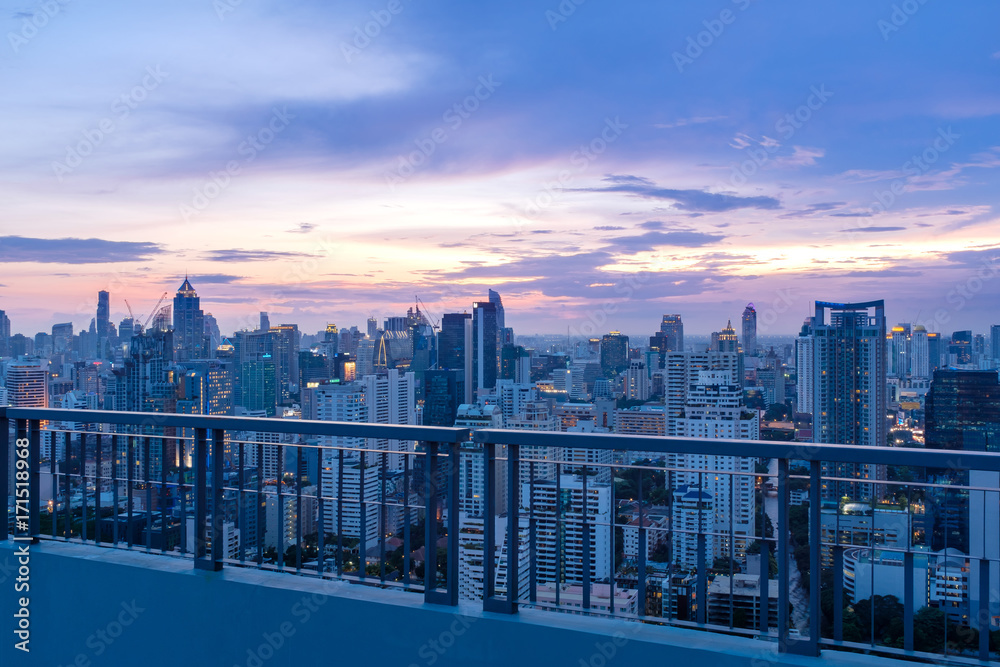 skyscraper rooftop balcony with modern city background at twilight Stock  Photo | Adobe Stock