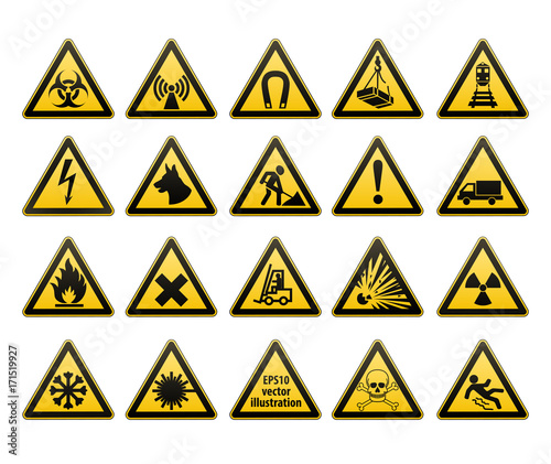 Warning signs set. Safety in workplace. Yellow triangle with black image. Vector illustrations
