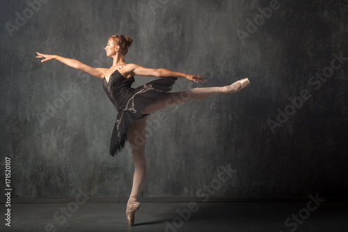 Fototapeta Naklejka Na Ścianę i Meble -  A young beautiful ballerina in a scenic tutu, white pantyhose and pointe shoes beautifully poses and dances the ballet in the form of a dark swan in a dark dance stage