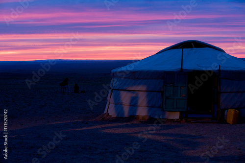 Yurt Purple Sky Sunset Gobi Desert Mongolia