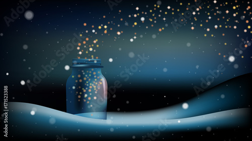 Light glitter flying out from glass bottle with snowfall