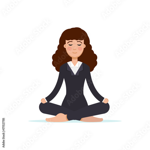 Office worker  meditating, sitting in lotus pose.  Business Woman meditation concept. Vector illustration.