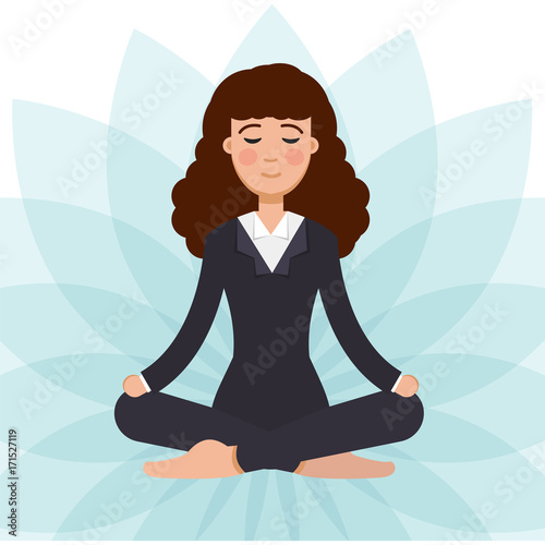 Office worker  meditating, sitting in lotus pose.  Business Woman meditation concept. Vector illustration.
