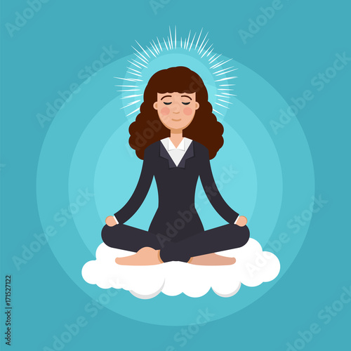 Office worker  meditating, sitting in lotus pose.  Business Woman meditation concept. Vector illustration.