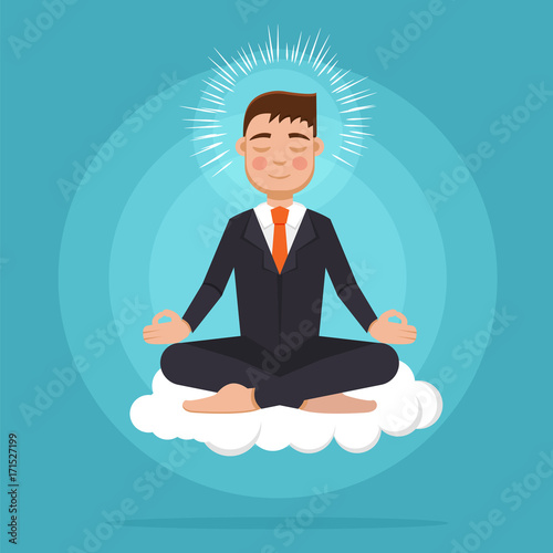 Office worker  meditating, sitting in lotus pose.  Businessman meditation concept. Vector illustration.