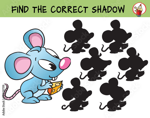 Funny little mouse with a piece of cheese. Find the correct shadow. Educational matching game for children. Cartoon vector illustration