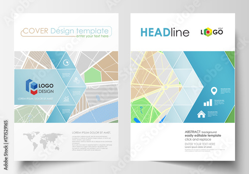 Business templates for brochure, magazine, flyer, booklet or annual report. Easy editable layout in A4 size. City map with streets. Flat design cover template, tourism businesses, abstract vector.