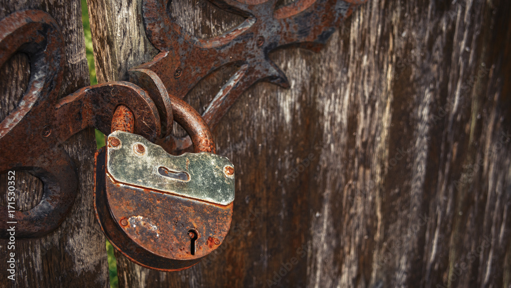 Rusty padlock on wooden door