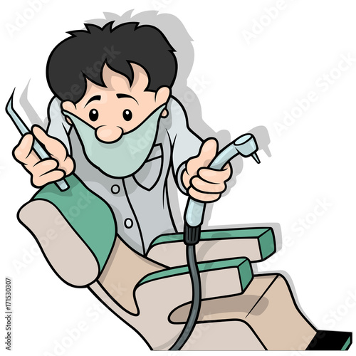 Dentist Holding Drill - Cartoon Illustration, Vector