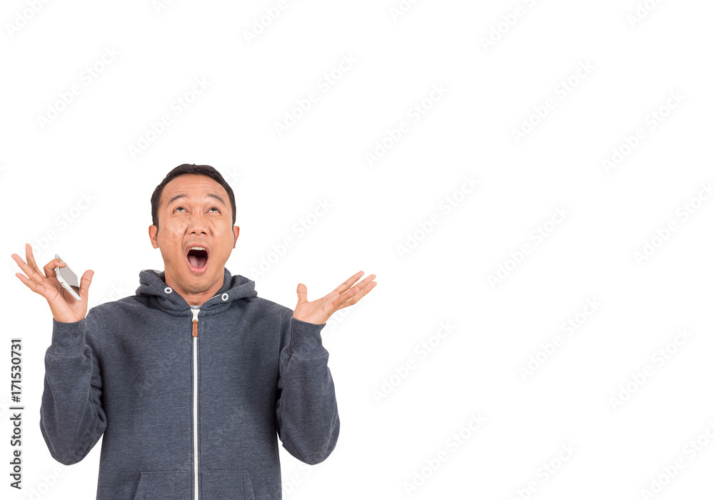 Young man on a shock action white background, isolated Young man on a shock action white background, isolated