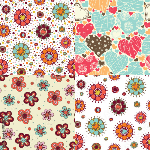 set of bright seamless patterns with flowers, polka dots, hearts