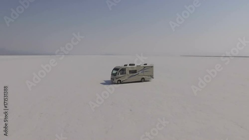 Aerial view of RV in Bonneville Salt flats
