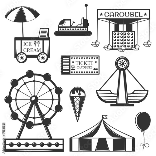 Vector set of amusement park isolated icons and objects. Attractions, carousel, wheel, ice cream cart.