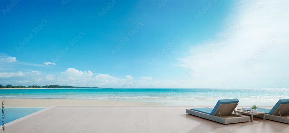 Sea view swimming pool beside terrace and beds in modern luxury beach house with blue sky background, Lounge chairs on wooden deck at vacation home or hotel - 3d illustration of tourist resort