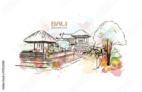 Watercolor sketch of Bali Indonesia in vector illustration.