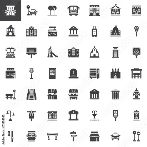 Urban infrastructure vector icons set, modern solid symbol collection, filled pictogram pack. Signs, logo illustration. Set includes icons as playground, buildings, bus stop, high service, road map