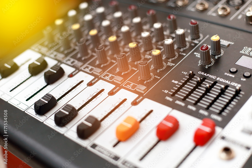 Closeup of an audio sound mixer. Closeup of an audio sound mixer.