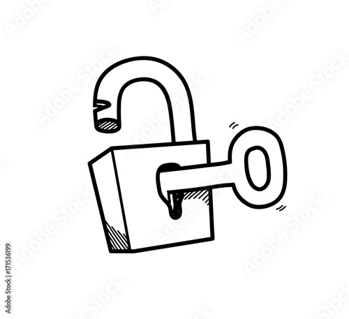 Opening Padlock With a Key Doodle, a hand drawn vector doodle illustration of an opened padlock.