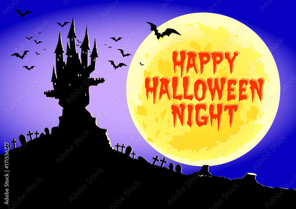 Happy Halloween, Haunted Castle at full moon night, vector illustration