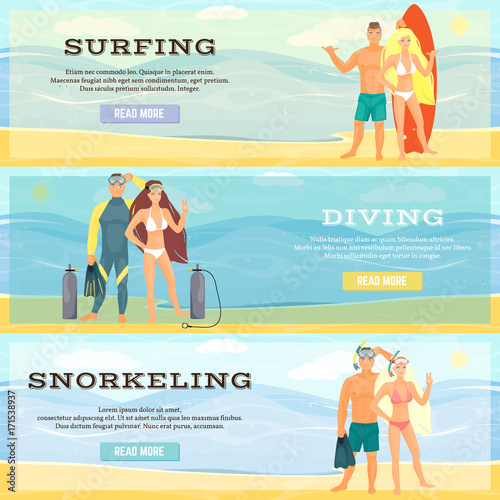 Vector set of beach horizontal banners in flat style