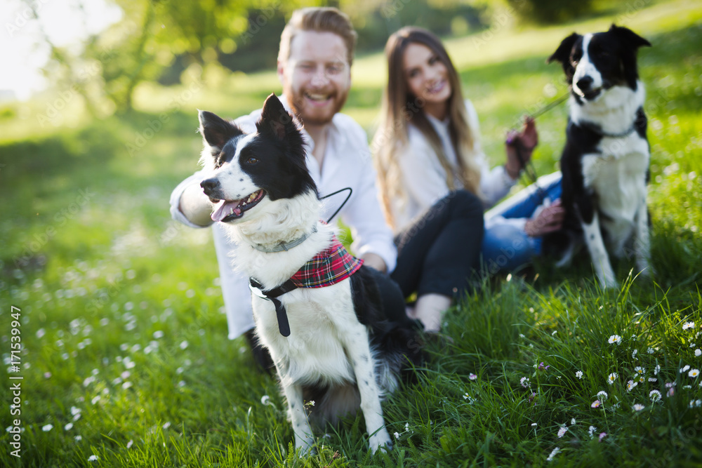 Beautiful couple cuddling and walking dogs outdoors