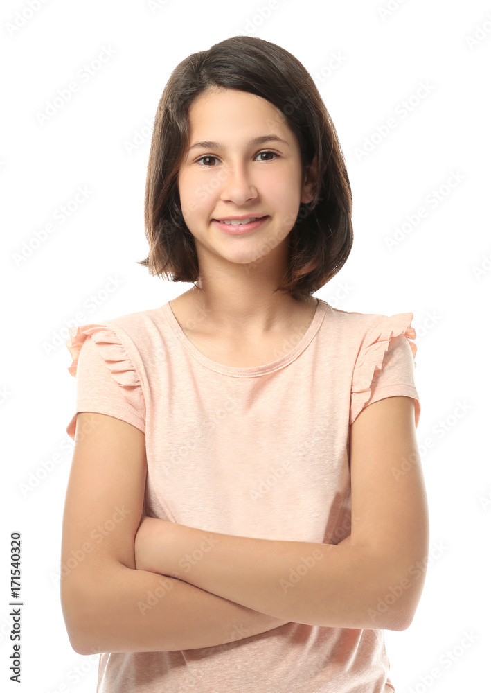 Pretty teenage girl posing on white background Pretty teenage girl posing on white background