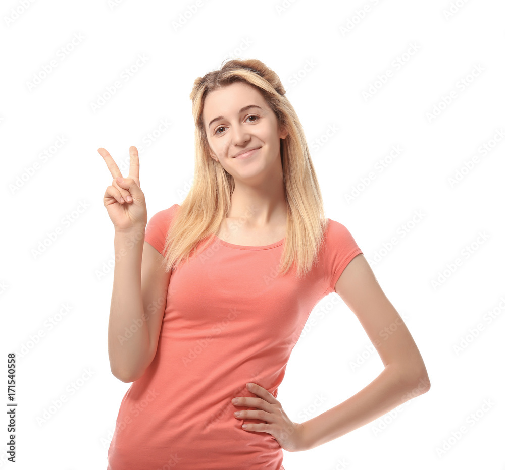 Pretty teenage girl posing on white background Pretty teenage girl posing on white background