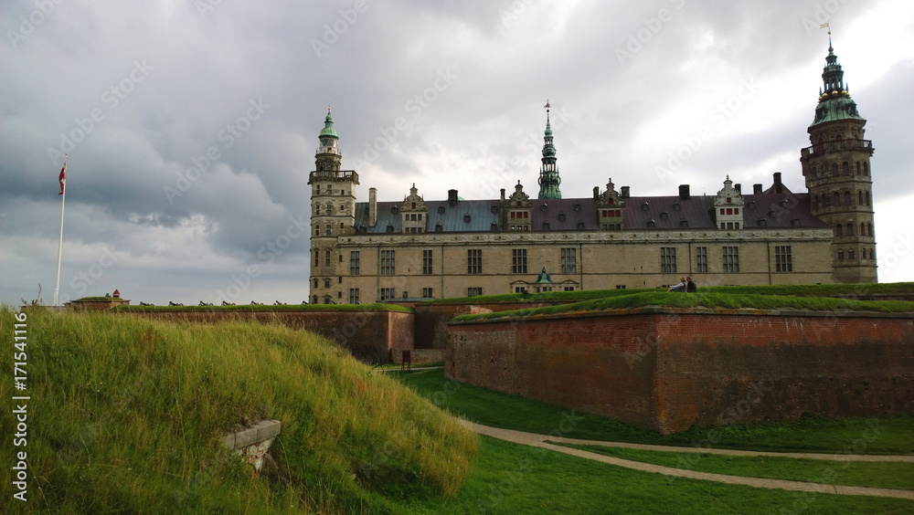 Beautiful views of Kronborg castle in the suburbs of Copenhagen in Elsinore cloud cool day