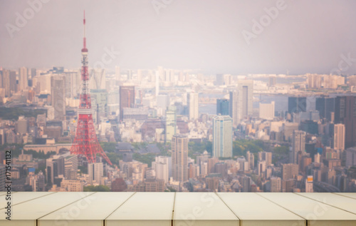 Photography Wooden display counter with Tokyo city background