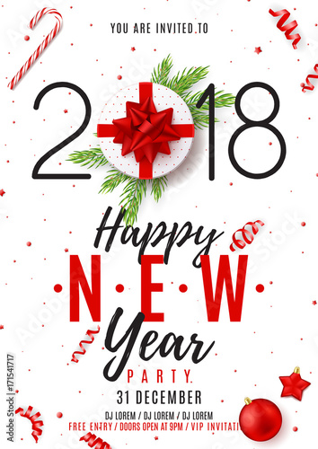 Happy New Year Poster Invitation. Top view on gift box with red bow on white backdrop. Vector illustration with confetti, serpentine and fir branches. Christmas greeting card with toys.