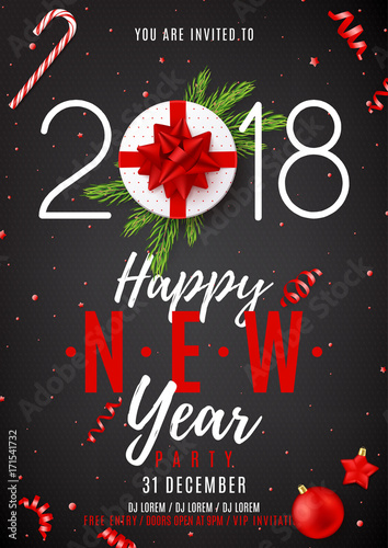 Happy New Year Flyer Invitation. Top view on gift box with red bow on black backdrop. Vector illustration with confetti, serpentine and fir branches. Christmas greeting card with toys.