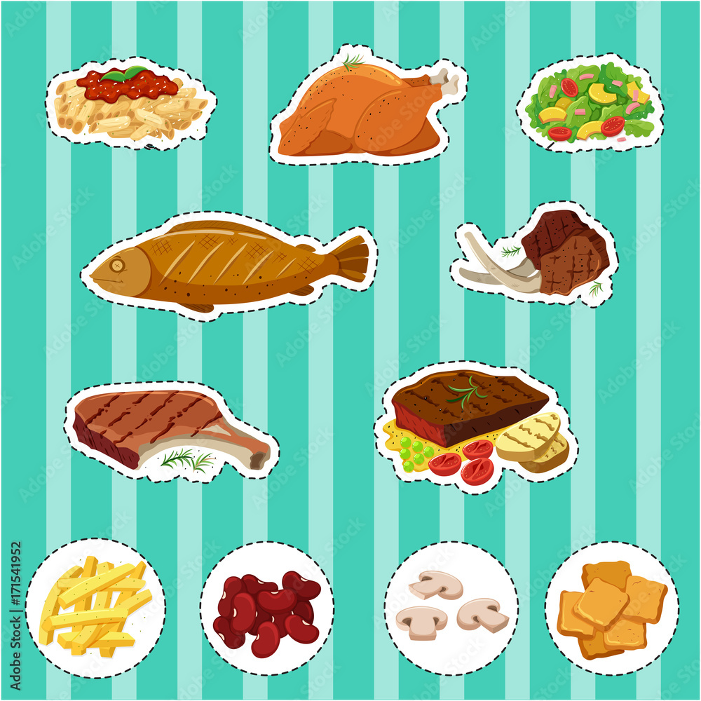 Sticker set with different types of food