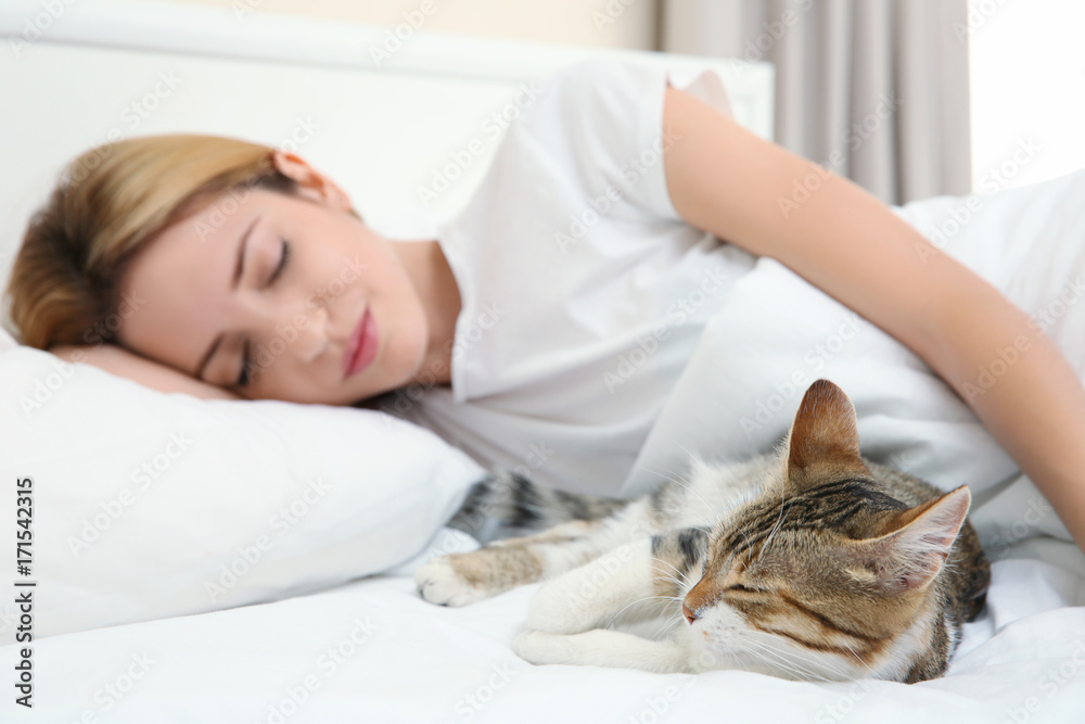 Cute cat and young woman relaxing on bed