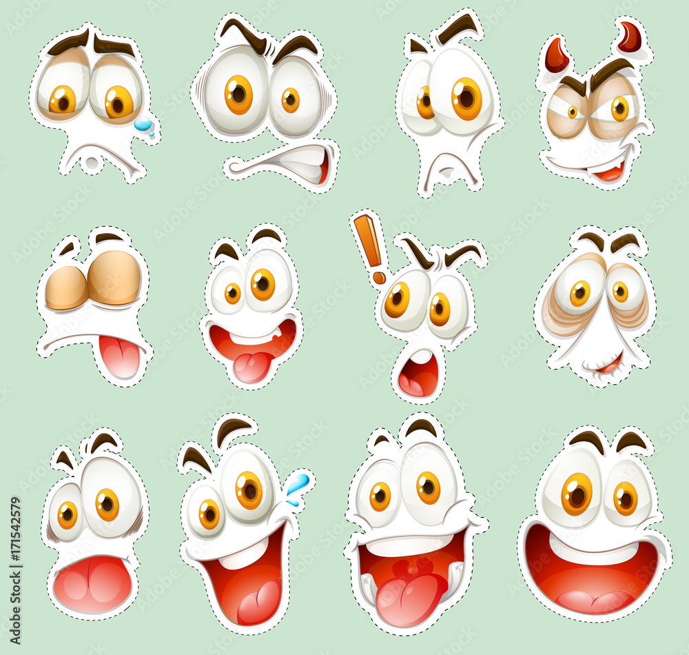 Sticker set with facial expressions on blue